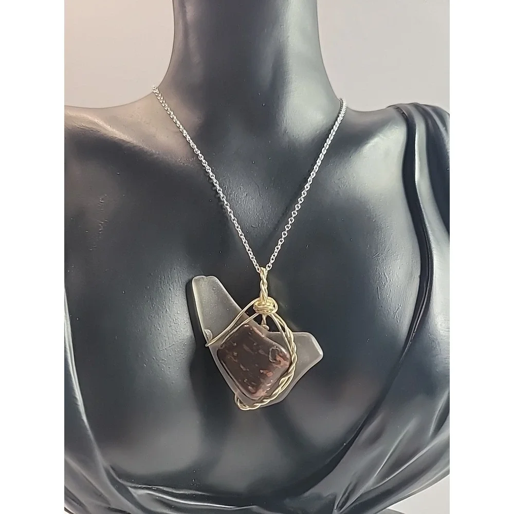 Handmade Wire Wrapped‎ Sea Glass Pendant Necklace Frosted Glass Boho Jewelry